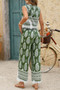 Boho Print Two Piece Sleeveless Button Lace Trim Set