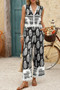 Boho Print Two Piece Sleeveless Button Lace Trim Set