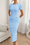 Solid Buckle Design Zipper Split Short Sleeve Dress