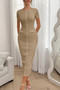 Solid Buckle Design Zipper Split Short Sleeve Dress