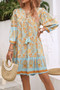 Ruched Bohe Print V Neck Ruffle Hem Tassel Dress