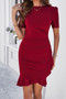 Round Neck Solid Wrap Bodycon Ruffle Hem Dress
