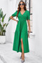 Solid V Neck Ruched High Waist Puff Sleeve Dress​