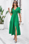 Solid V Neck Ruched High Waist Puff Sleeve Dress​
