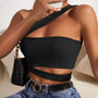 Women'S Sexy Cutout Knitting Camisole Crop Short Slash Shoulder Wrap Top