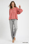 Umgee Textured Notched Blouse with Balloon Sleeves