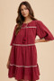 Annie Wear Tassel Contrast Trim Tie Neck Half Sleeve Tiered Dress