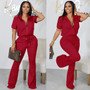 Women'S Spring Summer Short Sleeve Zip Top Bell Bottom Pants Casual Two-Piece Set