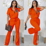 Women'S Spring Summer Short Sleeve Zip Top Bell Bottom Pants Casual Two-Piece Set