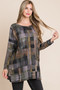 BOMBOM Plaid Round Neck Long Sleeve Top