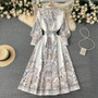 Spring And Autumn Lantern Sleeves Turndown Collar Single-Breasted Button Printed Dress Women Slim Waist Swing Long Dress