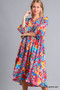 Umgee Full Size Floral Print Tie Neck Midi Dress with Pockets Plus Size