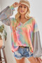 BiBi V Neck Tie Dye French Terry Top with Shiny
