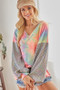 BiBi V Neck Tie Dye French Terry Top with Shiny