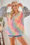 BiBi V Neck Tie Dye French Terry Top with Shiny