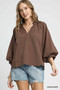 Umgee Full Size Textured Notched Balloon Sleeve Blouse Plus Size
