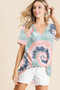 BiBi Tie Dye Print Terry V Neck Short Sleeve Top