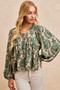 BiBi Printed Woven Front Tied Blouse with Baloon Sleeve