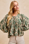 BiBi Printed Woven Front Tied Blouse with Baloon Sleeve