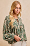 BiBi Printed Woven Front Tied Blouse with Baloon Sleeve