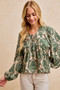 BiBi Printed Woven Front Tied Blouse with Baloon Sleeve