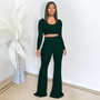 Women Winter Women'S Ribbed Solid Color Long Sleeve Crop Top Slim Bell Bottom Pants Two Piece Tracksuit