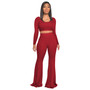 Women Winter Women'S Ribbed Solid Color Long Sleeve Crop Top Slim Bell Bottom Pants Two Piece Tracksuit