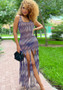 Women'S Summer Print Mesh Sleeveless Tassels Long Dress