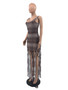 Women'S Summer Print Mesh Sleeveless Tassels Long Dress