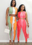 Spring Summer Sexy Ladies Contrast Color Patchwork Ribbed Two-Piece Set