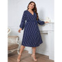 Career Stripe Loose V-Neck Plus Size Belted Women's Dress