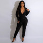 Women Sexy Deep V Neck velvet Sequin Long Sleeve Jumpsuit