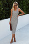 Button Scoop Neck Solid Slim Midi Bodycon Dress