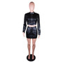 Women Casual pu Leather Zipper Top and Skirt Two-Piece Set