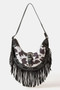 Fame Cow Print Faux Leather Fringe Hobo Bag