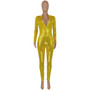 Women'S Sexy Turndown Collar Deep V Shiny Slim Fitted Jumpsuit