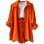 Women's Spring Crinkle Turndown Collar Long Sleeve Shirt High Waist Drawstring Shorts  2PC Set