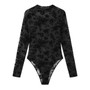 Women Lace Mesh Flock Print See-Through Sexy Long Sleeve Bodysuit