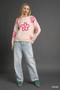 Umgee Round Neck Sweater with Pink Floral Accents