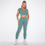 Women seamless knitting Ribbed V-neck short-sleeved Top and Cropped Pants yoga clothing two-piece set