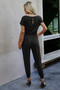 Solid Slant Shoulder Short Sleeve Jumpsuit