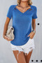 Solid V Neck Cut Out Short Sleeve Loose Shirt