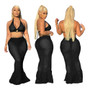 Women'S Plus Size Sexy Fashion See-Through Halter Crop Top Longs Skirt Two Piece Nightclub Set