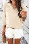 Solid Notched Collar V Neck Knit Short Sleeve Sweater