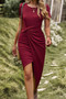 Solid Short Sleeve Twisted Split Fit Midi Dress