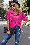 V Neck Button Down Roll Up Sleeve Loose Pocket Blouse