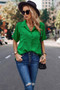 V Neck Button Down Roll Up Sleeve Loose Pocket Blouse