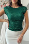 Round Neck Sequin Crop Slim Short Sleeves Top