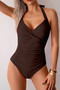 V Neck Halter One Piece Ruched Backless Swimsuit