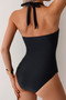 V Neck Halter One Piece Ruched Backless Swimsuit